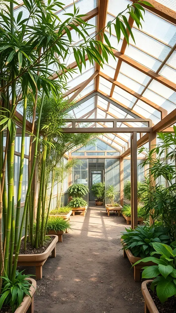 Interior view of a greenhouse with wooden structure and various plants.
