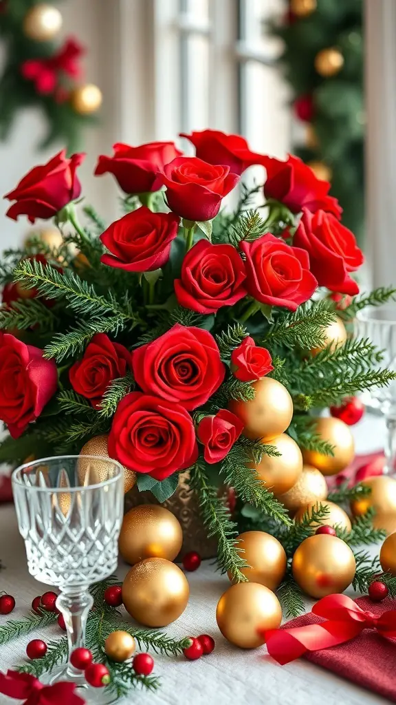 A festive table centerpiece featuring red roses, gold ornaments, and greenery.