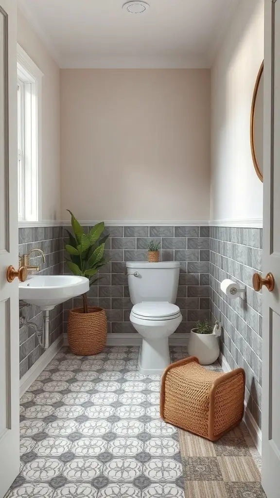 A small funky bathroom with patterned flooring, a plant, and stylish decor.