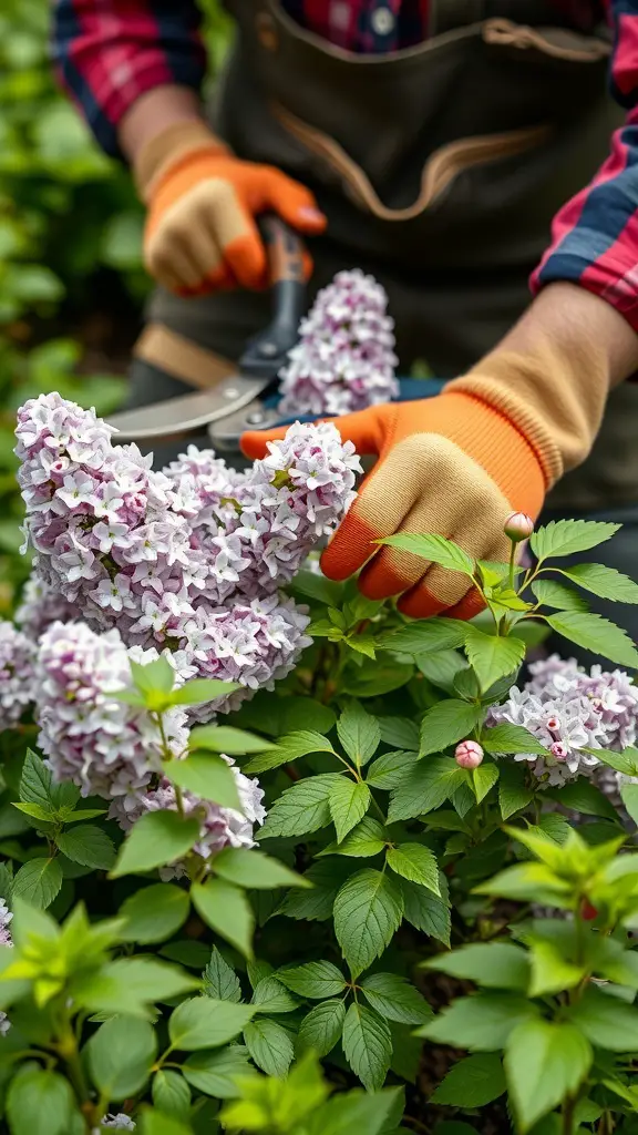 A person pruning lilac flowers in a garden, wearing gloves and using gardening shears.