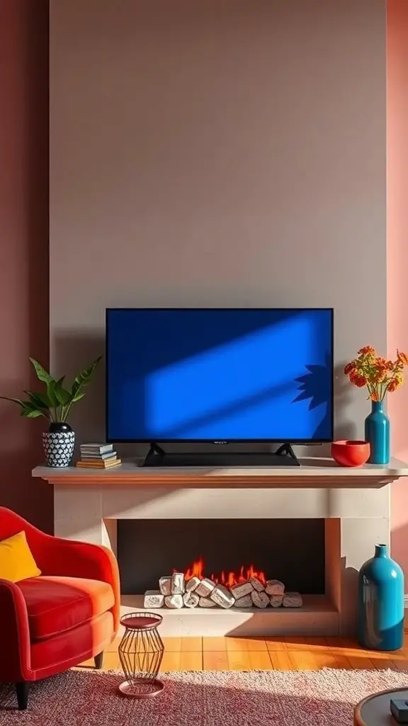 A stylish living room with a red chair, blue TV, and colorful decor on the mantle.
