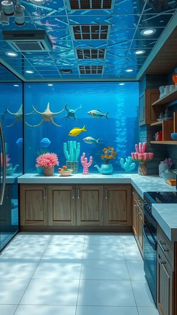 25+ Creative Minecraft Kitchen Designs You’ll Love 3 A modern kitchen with underwater views, featuring colorful fish and coral decorations.