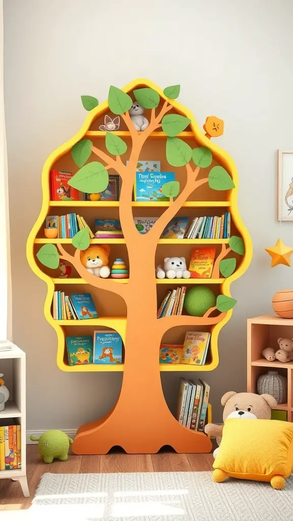 23+ Creative DIY Bookshelf Ideas 5 A colorful tree-shaped bookshelf filled with children's books and toys.