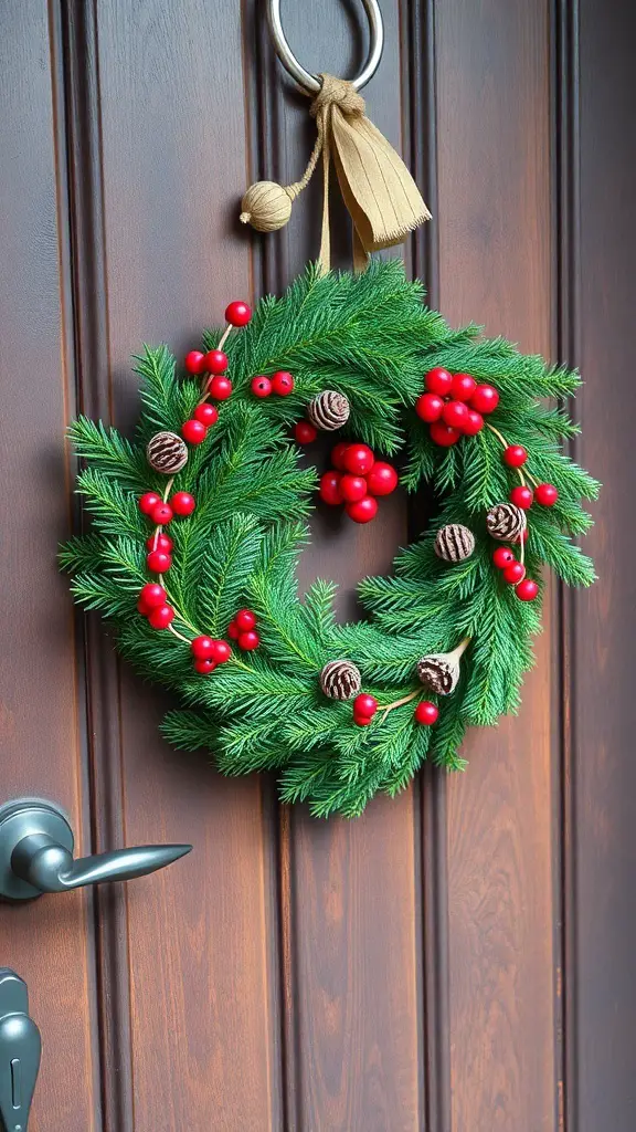 A beautiful evergreen wreath with red berries and pine cones hanging on a wooden door.