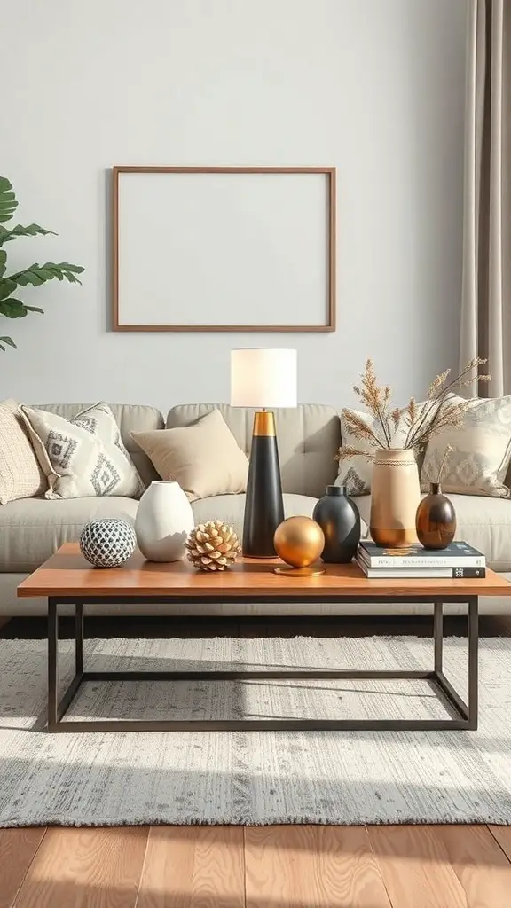 A beautifully arranged coffee table with decorative items of varying heights and scales.