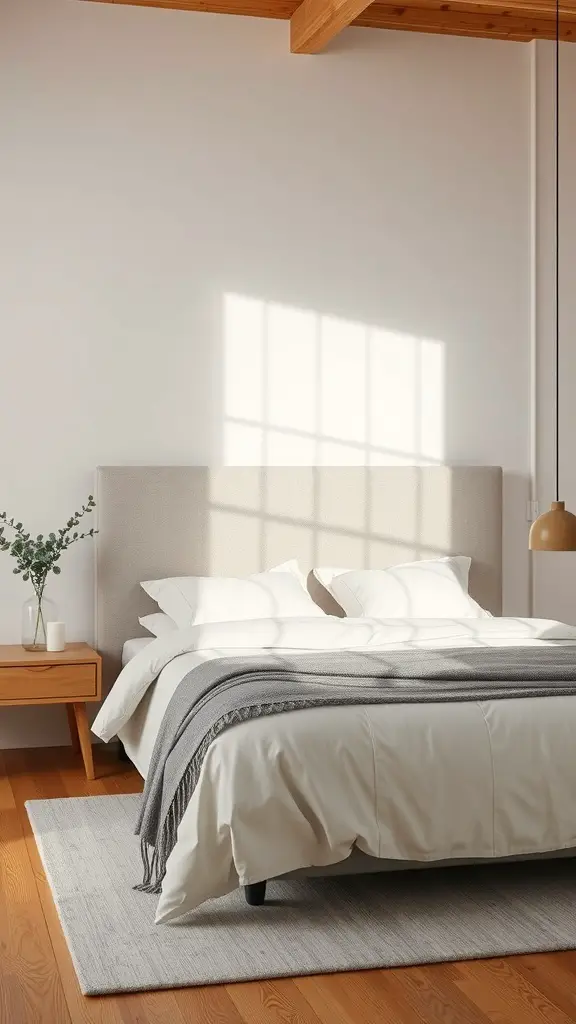 23+ Creative DIY Headboard Ideas to Transform Your Bedroom 14 A cozy bedroom featuring a fabric-covered plywood headboard, light bedding, and wooden accents.