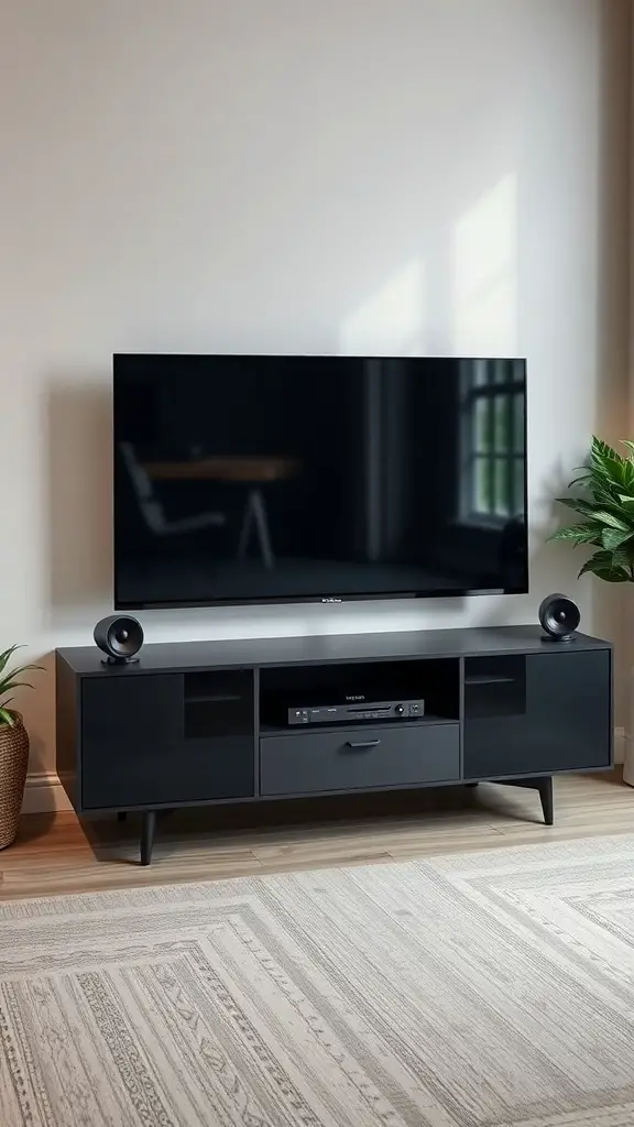 A modern black TV stand with integrated speakers and storage, featuring a large flat-screen TV.