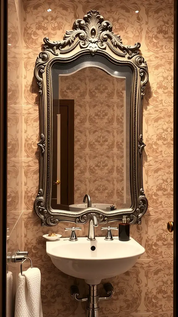 25+ Trending Bathroom Wall Decor Ideas You’ll Love 9 A vintage mirror with an ornate frame above a white sink in a bathroom with patterned wallpaper.