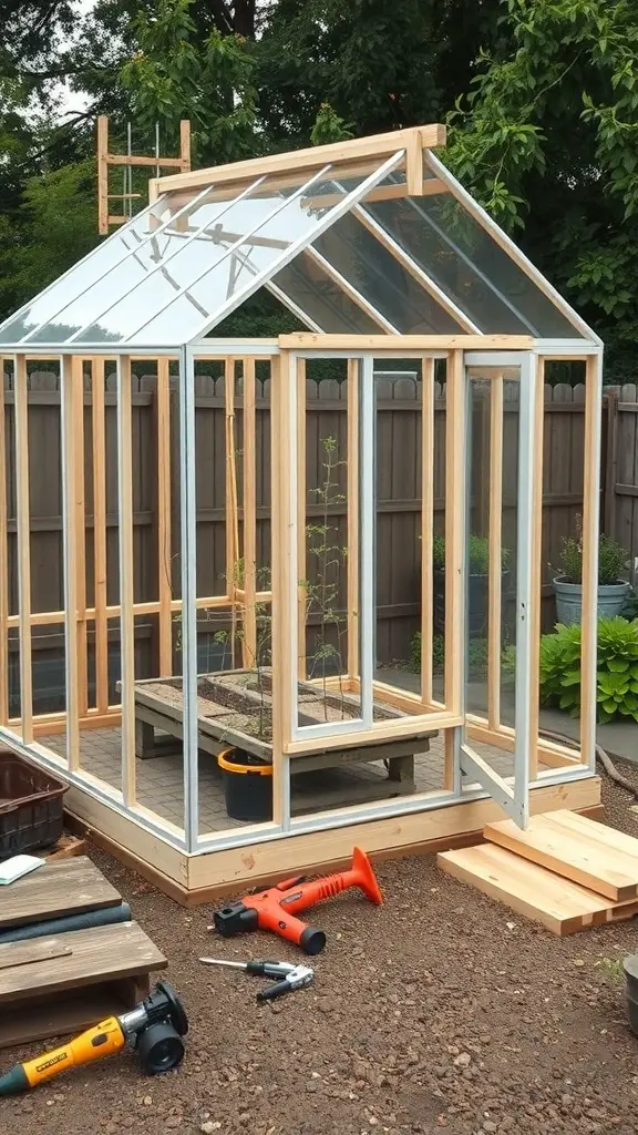 27+ Inspiring Inside Greenhouse Ideas 8 A partially constructed wooden greenhouse with glass panels, surrounded by tools and plants.