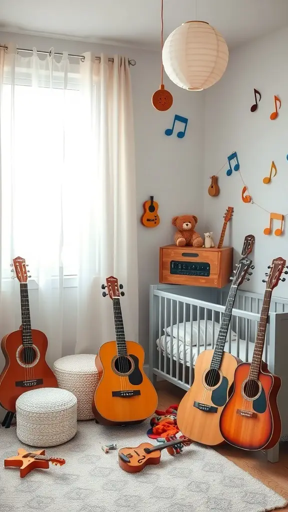 A nursery decorated with musical instruments, featuring guitars, a crib, and playful music notes on the walls.