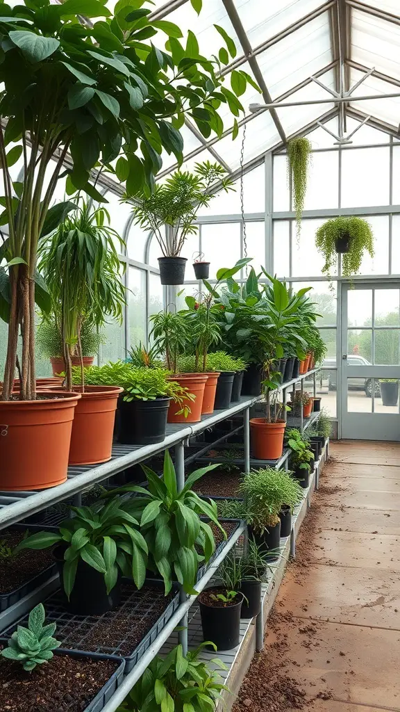 A greenhouse with multi-level plant arrangement using shelves and hanging pots.