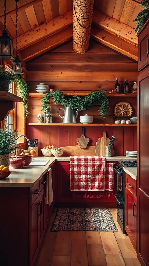 A cozy winter cabin kitchen with warm red cabinets, wooden accents, and a checkered tablecloth.
