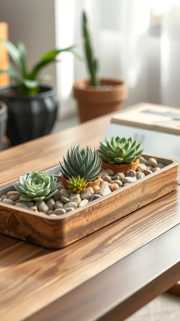 A wooden tray with succulents and stones on a coffee table