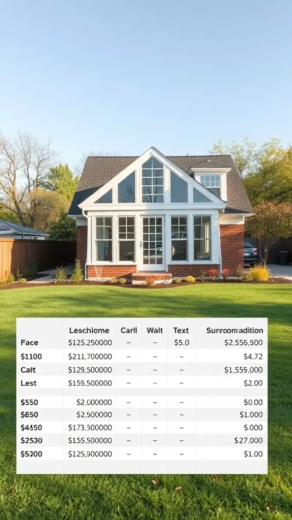 29+ Stunning Sunroom Addition Ideas Off Your Kitchen 11 Image of a house with a sunroom addition and a cost breakdown table.