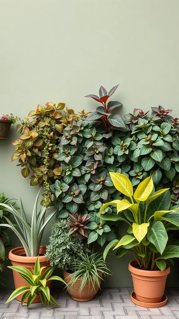 A vibrant plant wall featuring various green plants in terracotta pots against a light green background.