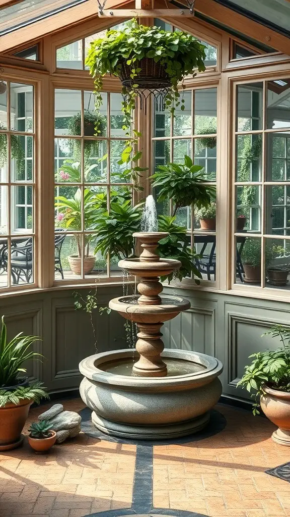29+ Charming Vintage Sunroom Ideas for a Timeless Retreat 15 A vintage sunroom featuring a central fountain surrounded by plants and large windows.