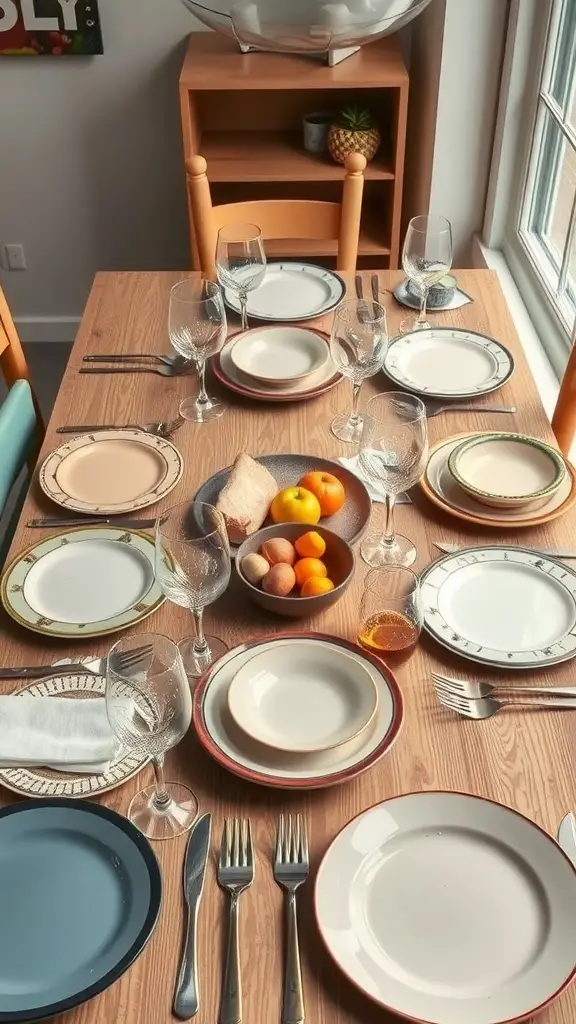 A dining table set with various plates and glasses, showcasing a mix of styles and colors.
