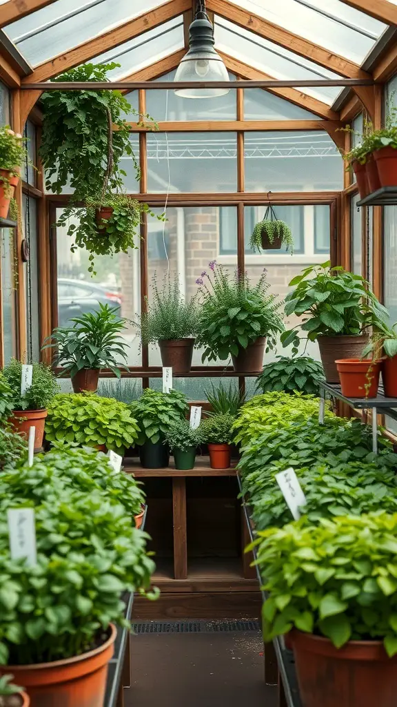 A cozy greenhouse interior filled with various potted herbs on wooden shelves.