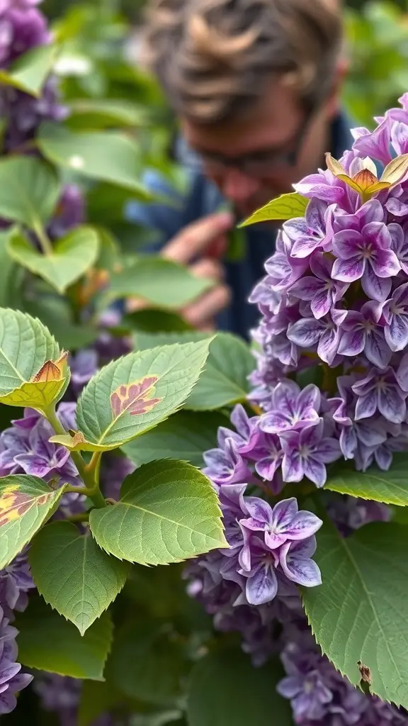 A close-up of lilac flowers with a person in the background inspecting them.