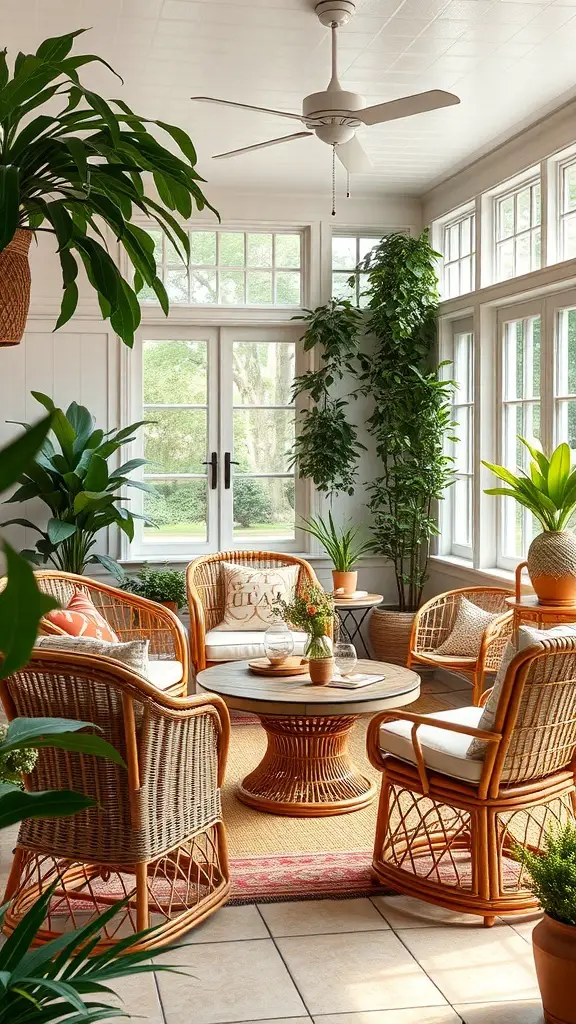 29+ Creative Sunroom Decorating Ideas You’ll Love 5 A sunroom featuring stylish rattan furniture, surrounded by plants and natural light.