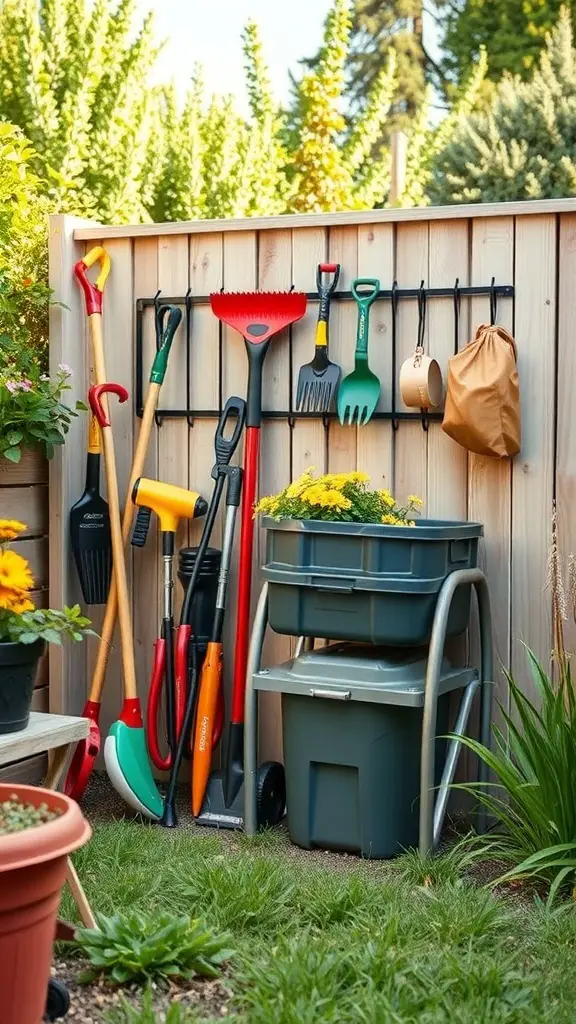 Organized lawn equipment storage with tools hanging on a wooden fence and storage bins.