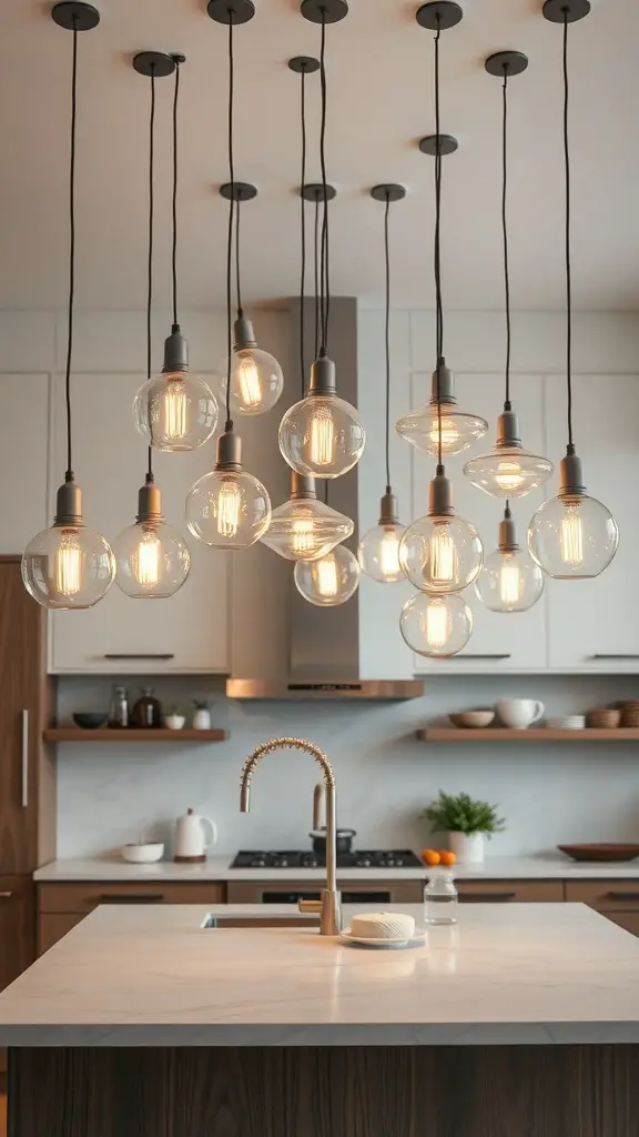A cluster of pendant lights hanging over a kitchen island, showcasing various shapes and sizes.