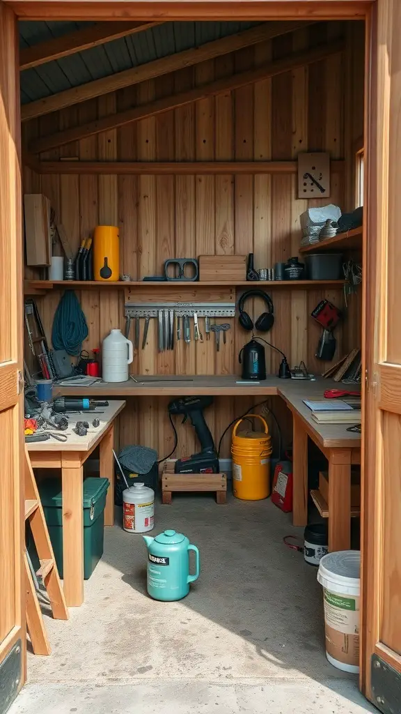 27+ Smart Small Shed Storage Ideas You Need to Try 3 A compact workbench design inside a small shed, featuring organized tools and storage.