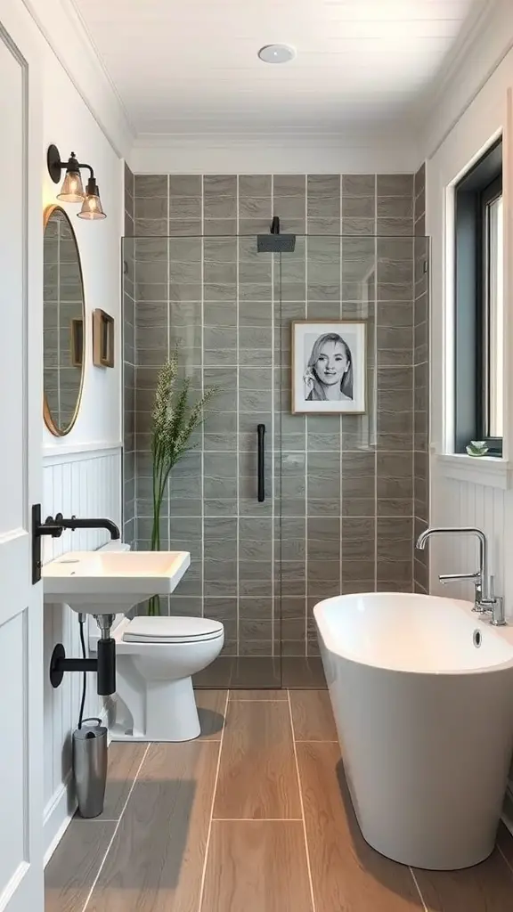 Modern bathroom featuring board and batten design, sleek fixtures, and natural elements.