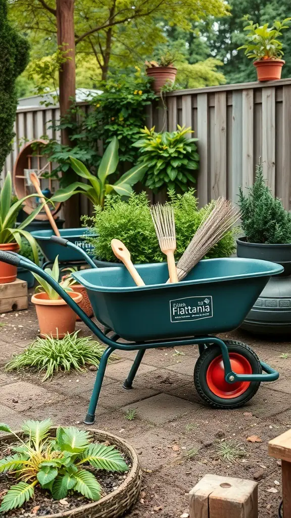 A portable wheelbarrow filled with gardening tools, surrounded by plants and pots in a garden setting.