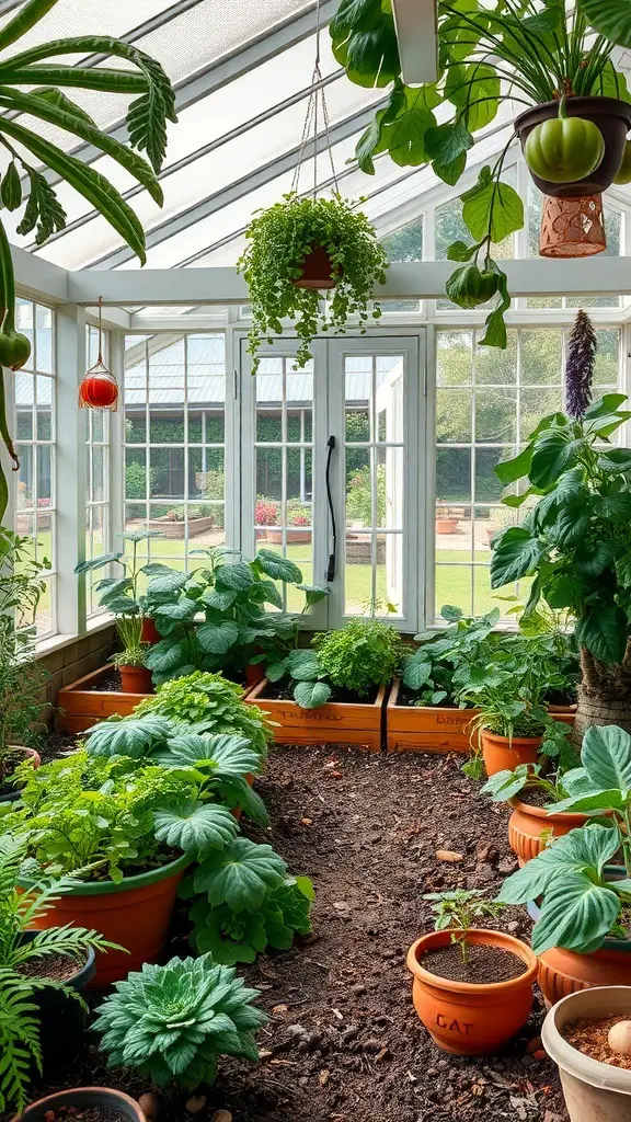 29+ Stunning Attached Greenhouse Sunroom Ideas for Your Home 11 A sunroom filled with various potted plants and greenery, showcasing a vibrant indoor garden.