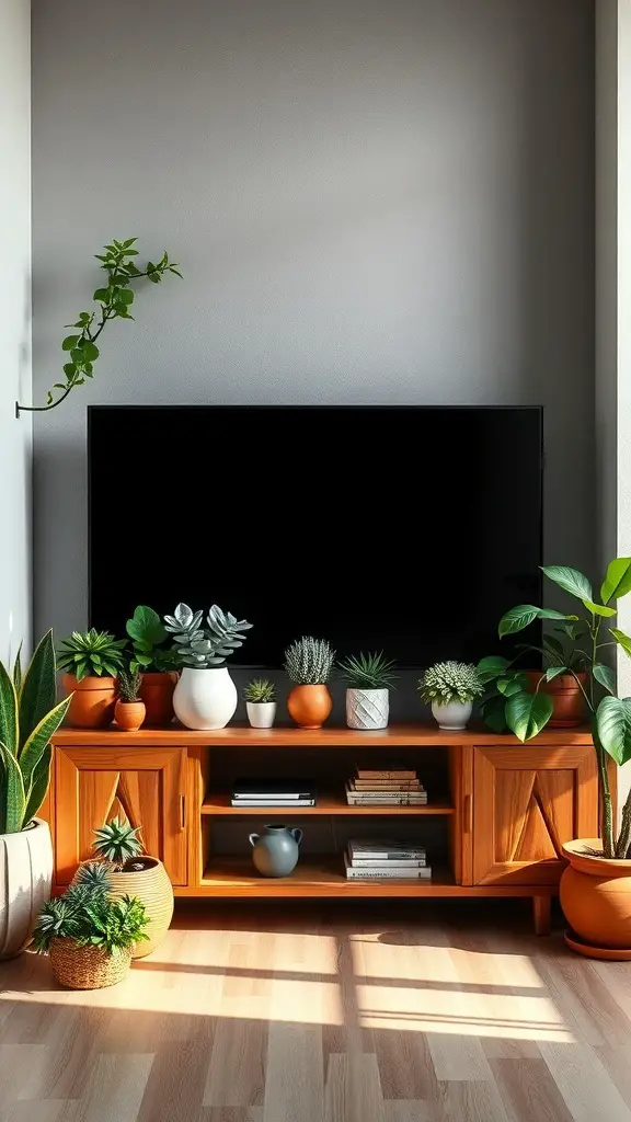 27+ Creative TV Stand Decor Ideas 5 A stylish TV stand decorated with various plants in different pots, creating a lively atmosphere.