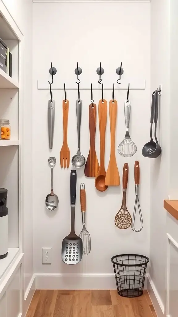 A wall-mounted rack with various kitchen utensils hanging on hooks in a small pantry.