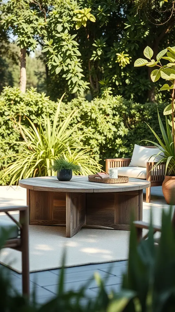 27+ Stunning DIY Coffee Table Ideas You Can Create at Home 16 A wooden round coffee table on a patio surrounded by greenery.