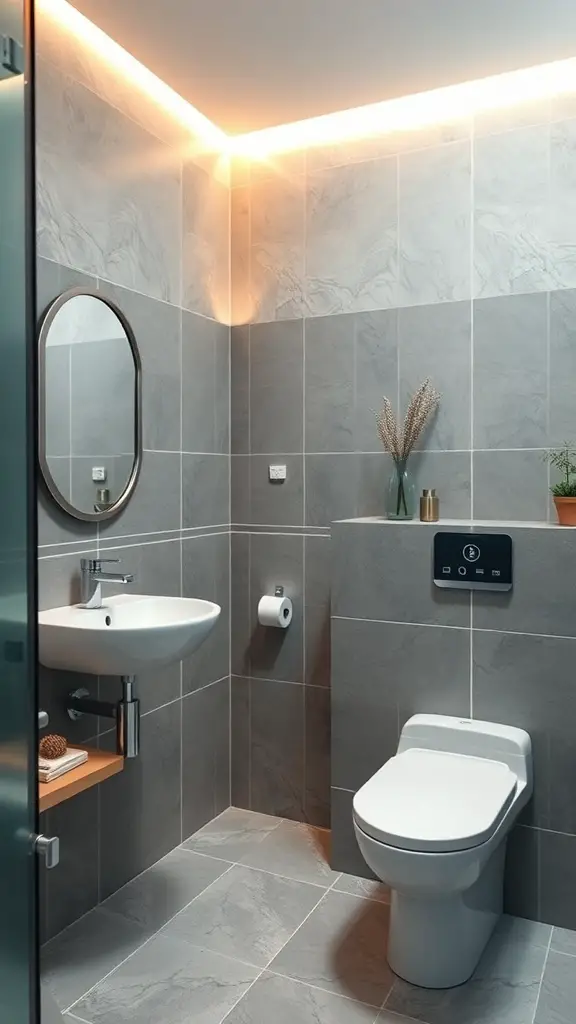 A modern bathroom featuring smart technology for energy management.