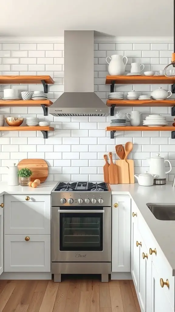 A kitchen featuring shiplap backsplash and open wooden shelving with dishes and decor.