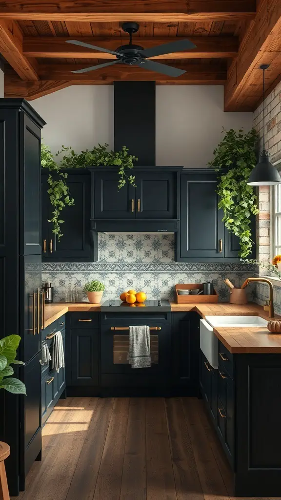 A rustic black kitchen with wooden beams, plants, and warm lighting.
