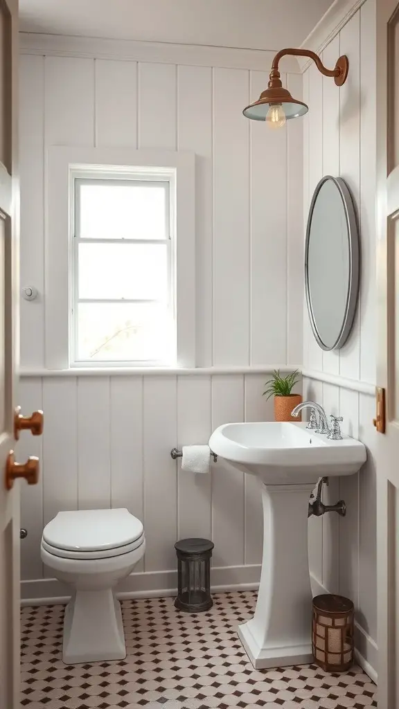 A vintage-inspired bathroom featuring white board and batten walls, a pedestal sink, and decorative elements.