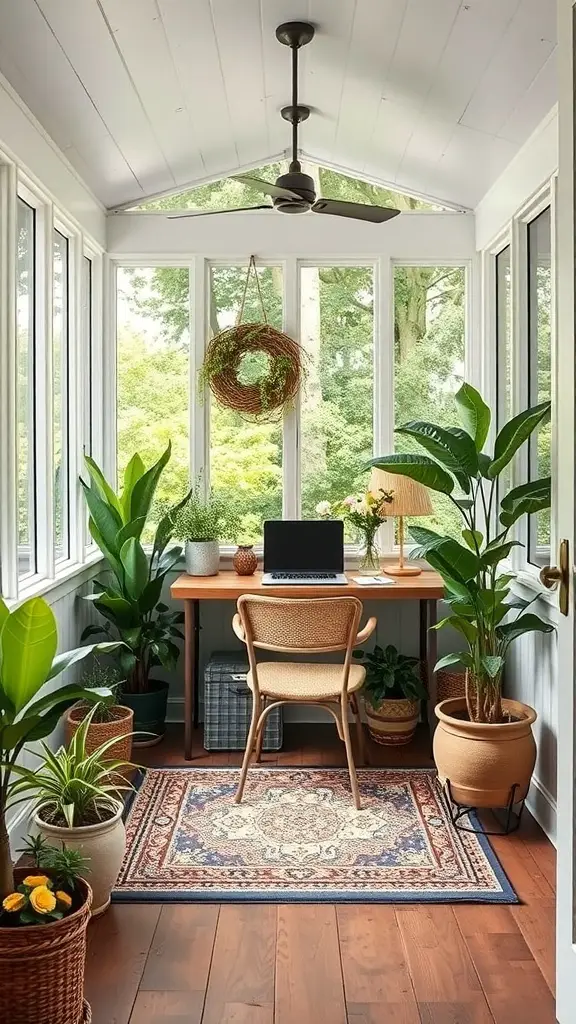 A cozy screened-in porch with a desk, chair, and plants, creating a perfect outdoor office space.