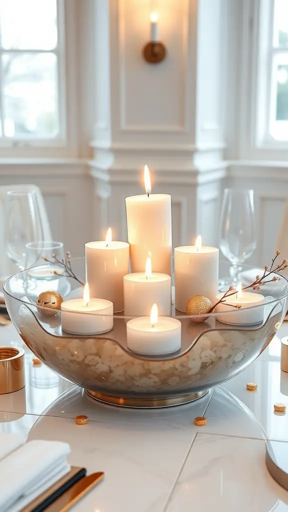 A centerpiece featuring floating candles in a metallic bowl, surrounded by golden accents.