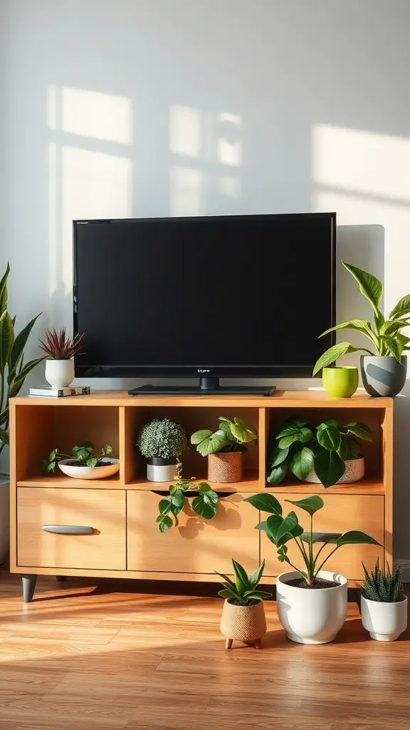 A TV console decorated with various plants, showcasing a mix of sizes and pots.