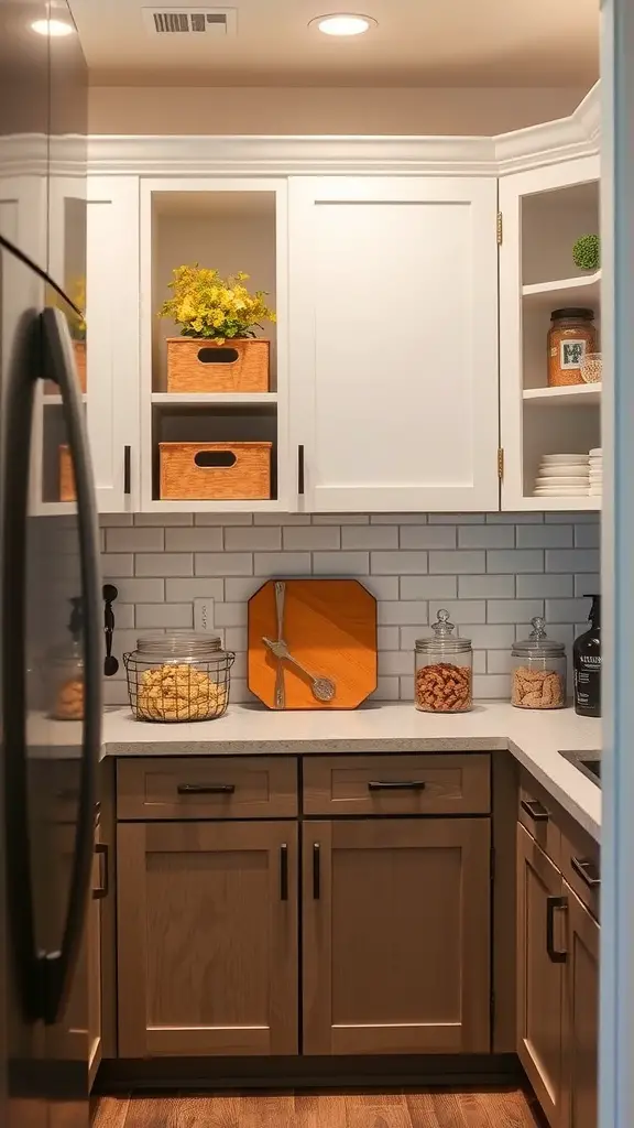 A kitchen with decorative items and storage above the cabinets.