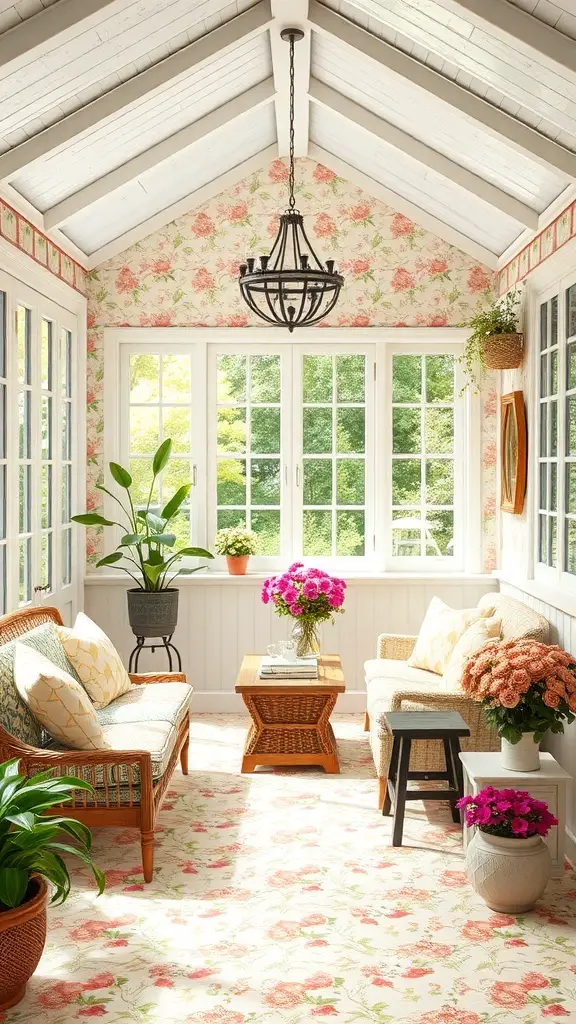 27+ Cozy Cottage Sunroom Ideas You’ll Love 8 A charming cottage-style sunroom with floral wallpaper, wicker furniture, and vibrant plants.