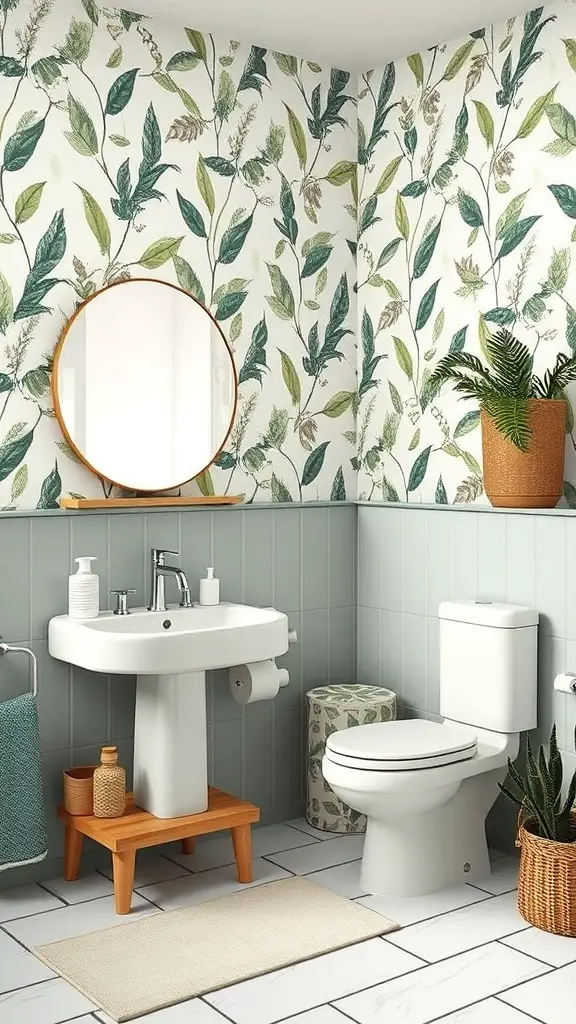 27+ Whimsical Kids Bathroom Ideas for a Fun and Functional Space 12 A nature-inspired kids bathroom with leafy wallpaper, a round mirror, and potted plants.