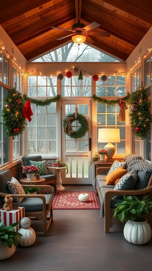 Cozy screened-in porch decorated for the holidays with wreaths, pumpkins, and soft lighting.