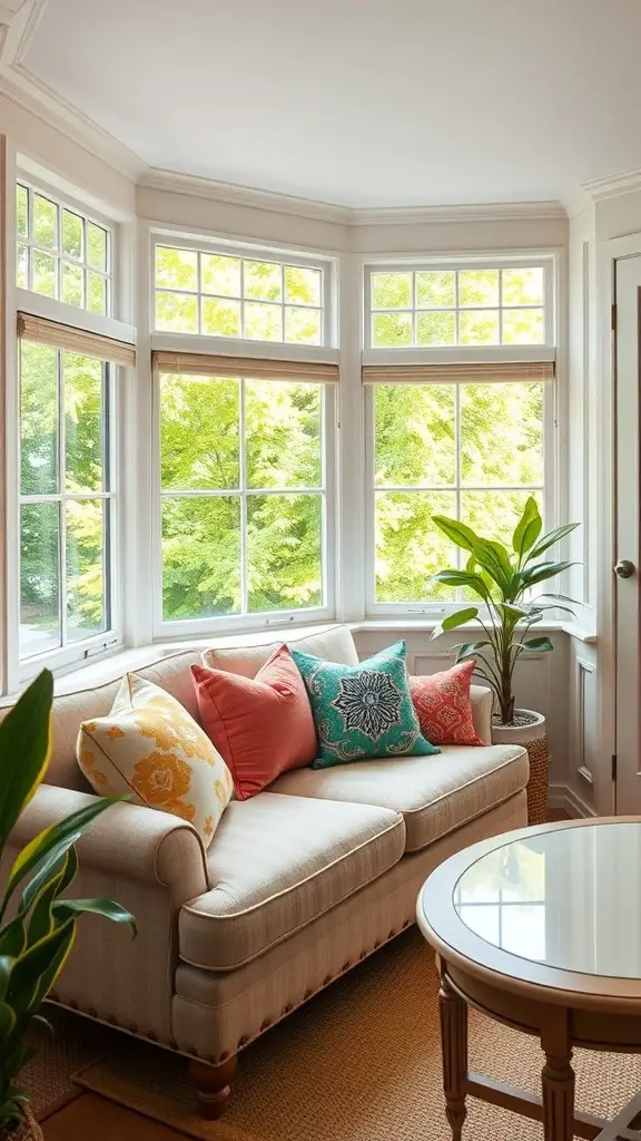 A cozy sunroom with a sofa decorated with colorful accent pillows and large windows letting in natural light.