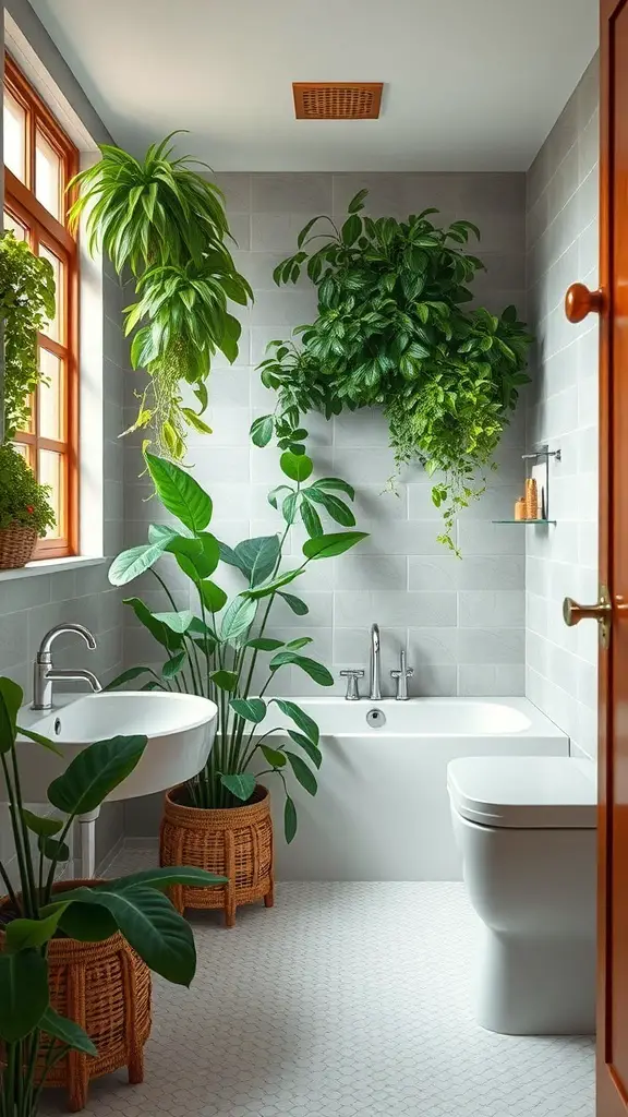 A mid-century modern bathroom featuring various indoor plants, including hanging and floor plants, in a bright and airy space.