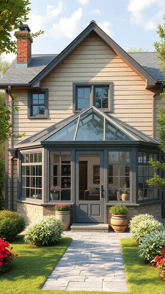 29+ Stunning Attached Greenhouse Sunroom Ideas for Your Home 5 A beautiful attached greenhouse sunroom with large glass panels, surrounded by greenery and flowers.