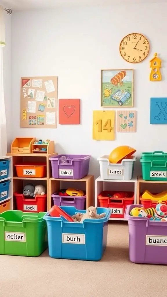 A colorful playroom with labeled bins for organizing children's toys.