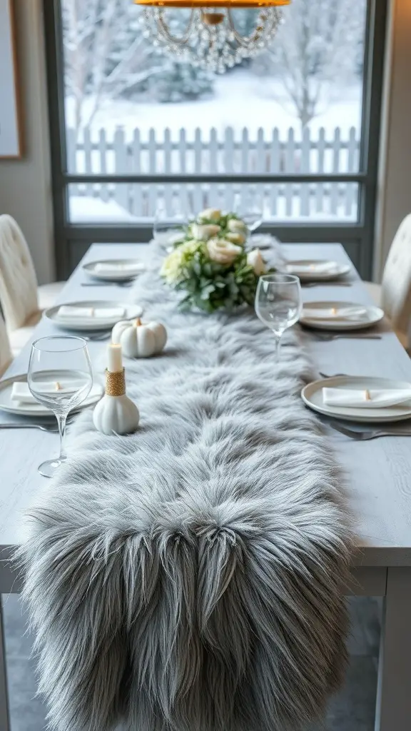 A cozy dining table with a faux fur table runner, elegant glassware, and a floral centerpiece, set against a snowy outdoor backdrop.