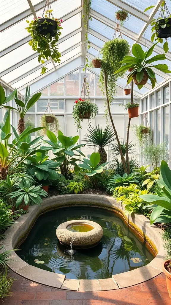 A serene greenhouse interior featuring a pond surrounded by various plants.